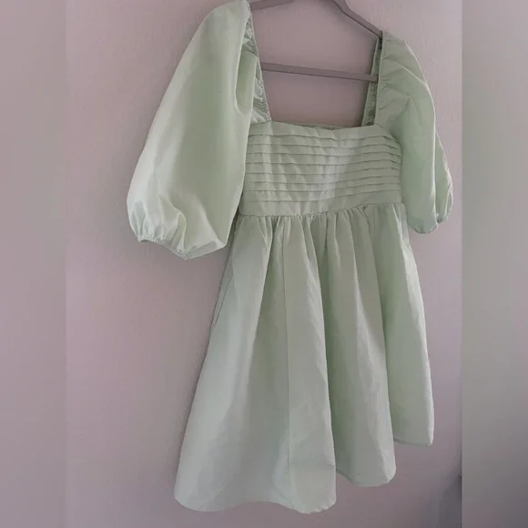 Francesca’s Blue Rain Mint Green Puff Sleeve Babydoll Dress NWT - Picture 4 of 7